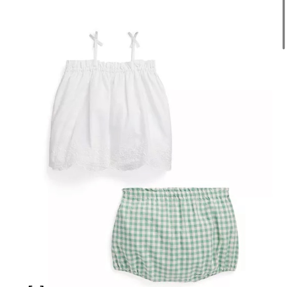 Ralph Lauren Childrenswear Girl's Eyelet Top & Gingham-Print Shorts Set, - Picture 1 of 5